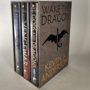 Custom Book Slipcase Box Design for The Wake the Dragon Trilogy by Kevin J. Anderson. Stone textured cover with gold title and author text separated by bronze dragon with sword spine.