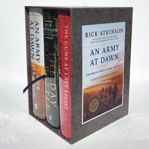Custom Book Slipcase Box Design for The Liberation Trilogy by Rick Atkinson. Stone textured cover with jacket art for the three books on each side. Great history series about WWII.