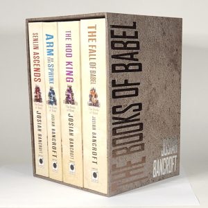 Custom Book Slipcase Box Design for The Books of Babel Quartet by Josiah Bancroft. Stone textured cover with gold “Tower of Babel” series title and author text graphics.