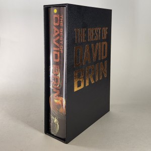 Custom Book Slipcase Design for The Best of David Brin. Black faux leather cover with gold title text.