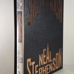 Custom Book Slipcase Design for Snow Crash by Neal Stephenson. Black faux leather cover with gold author and title text.