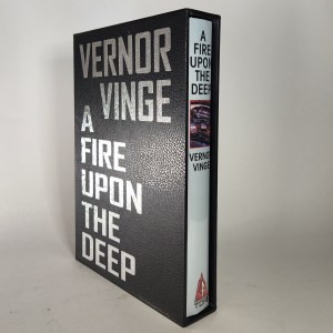Custom Book Slipcase Design for A Fire Upon the Deep by Vernor Vinge. Black faux leather cover with silver author and title text.