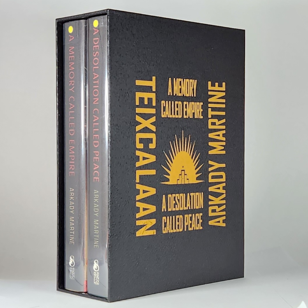 Custom Book Slipcase Design for The Teixcalaan Duology by Arkady Martine with Gold Textured Series, Titles, and Author Text … and Throne.